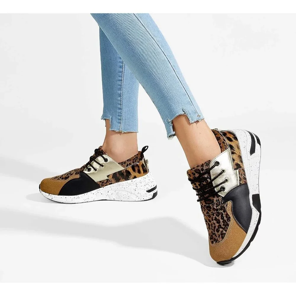 Lucky Step Women's Brown High Heel Wedge Sneaker Fashion Cliff Platform Lace Up - Picture 2 of 9